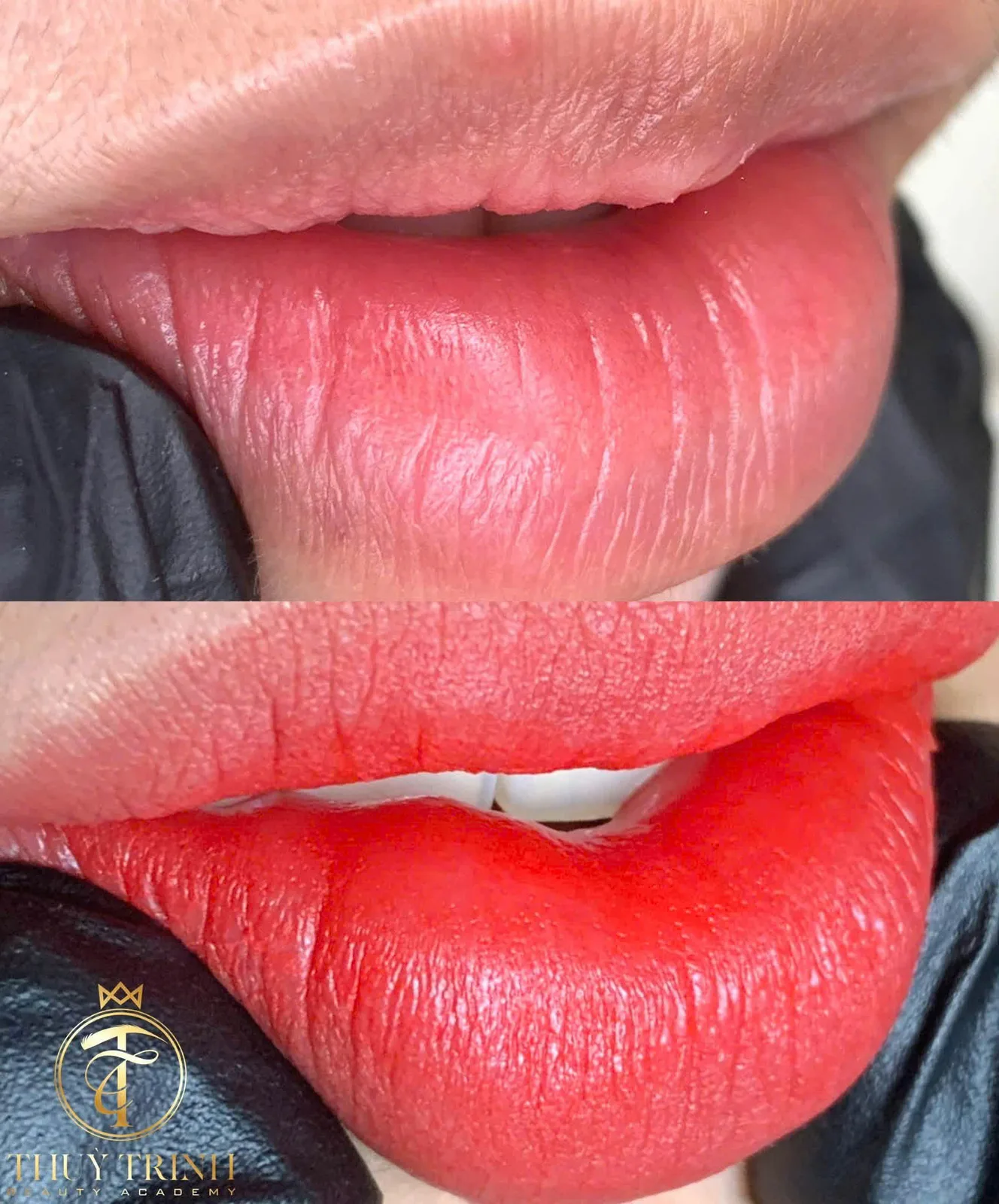 Trước & Sau phun môi Nano Lips cho nền môi khô nứt, lên màu đỏ cam rạng rỡ