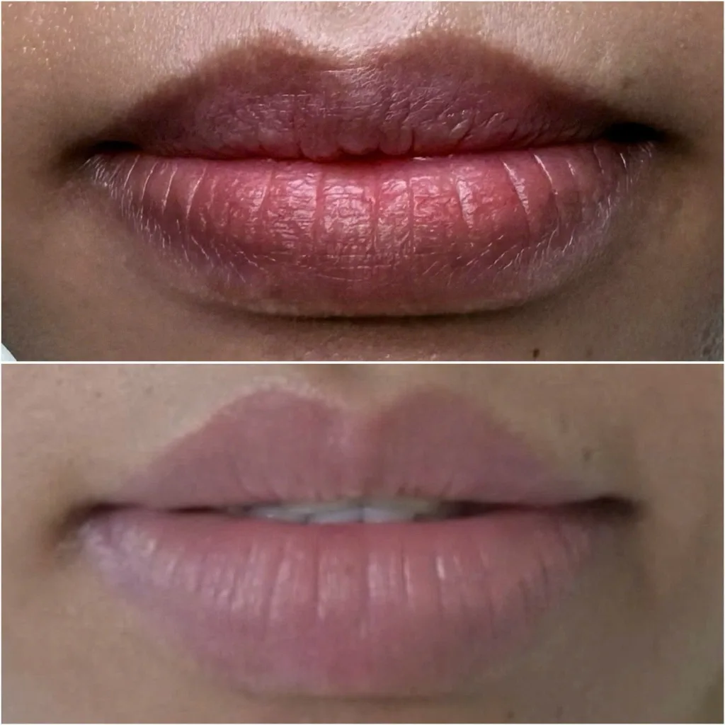 Môi nguyên thủy chai sần thâm xỉn trước và sau xử lý Plasma Fibroblast